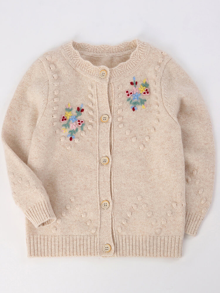 (image for) Girls Embroidered Floral Beige Cashmere Button-Front Cardigan